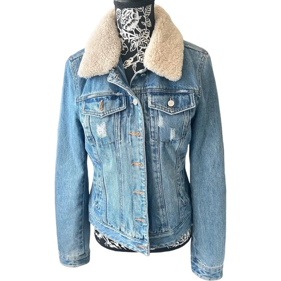 UGG Jean Jacket Cotton removable Shearling Lamb Fur Collar Distress Size Small